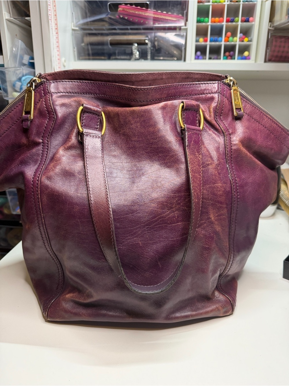 Yves Saint Laurent Plum Leather Tote with Gold Hardware - Picture 5 of 7